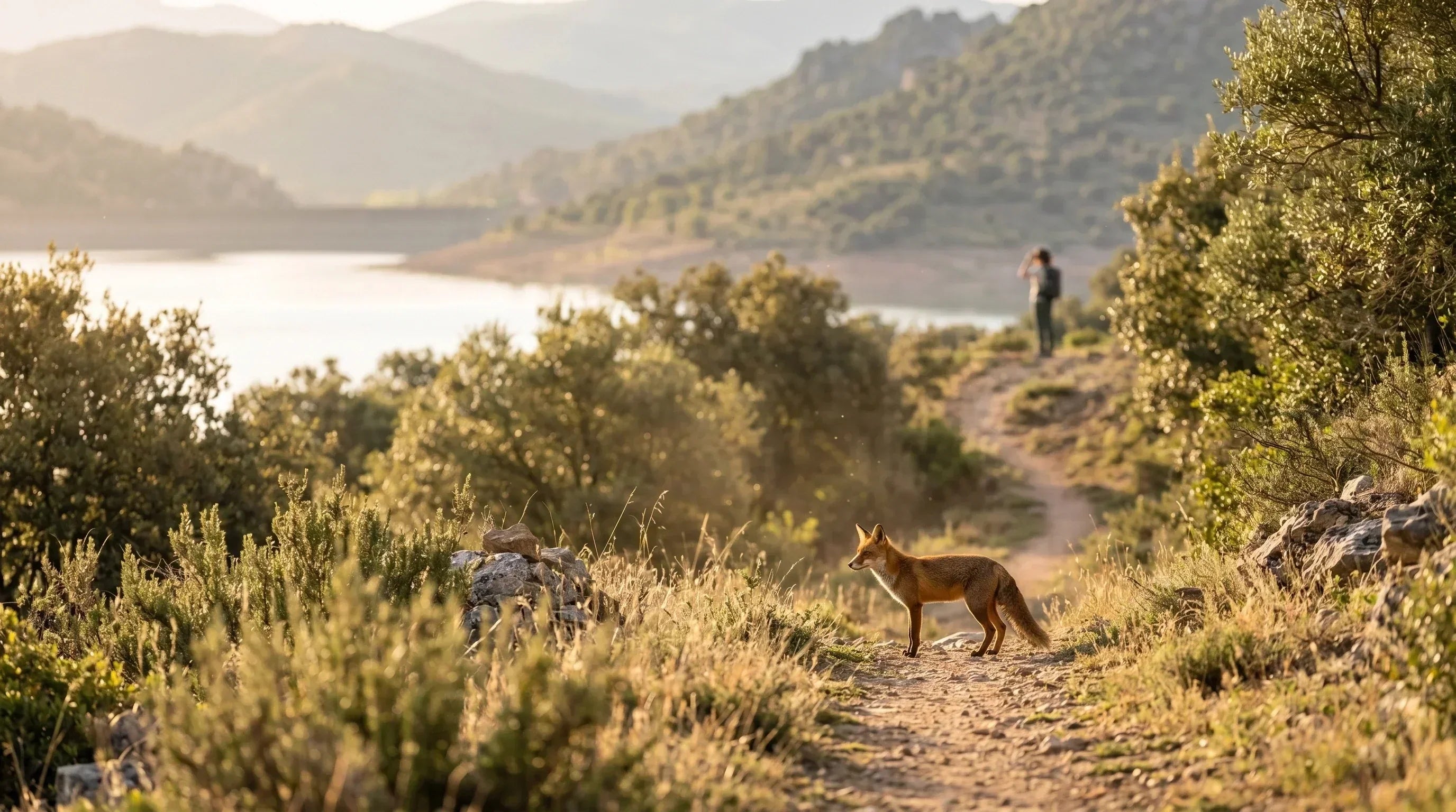 Un zorro rojo en un sendero natural de España, con luz suave de mañana y vegetación mediterránea al fondo.