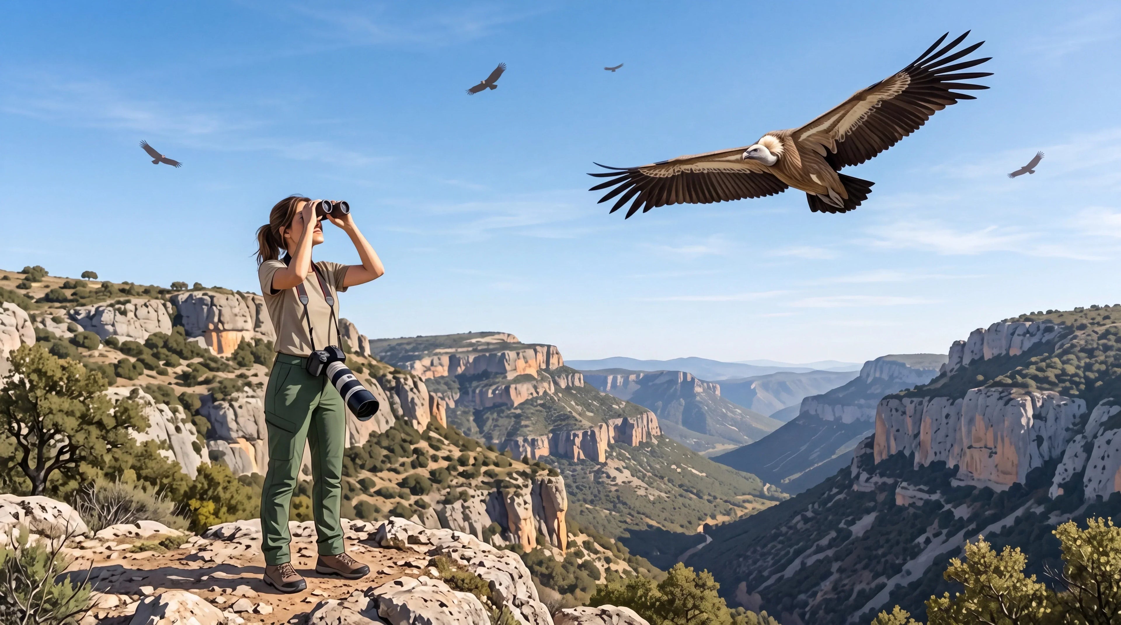 Un observador de aves compara en el campo varios buitres sobre un paisaje de montaña en España.